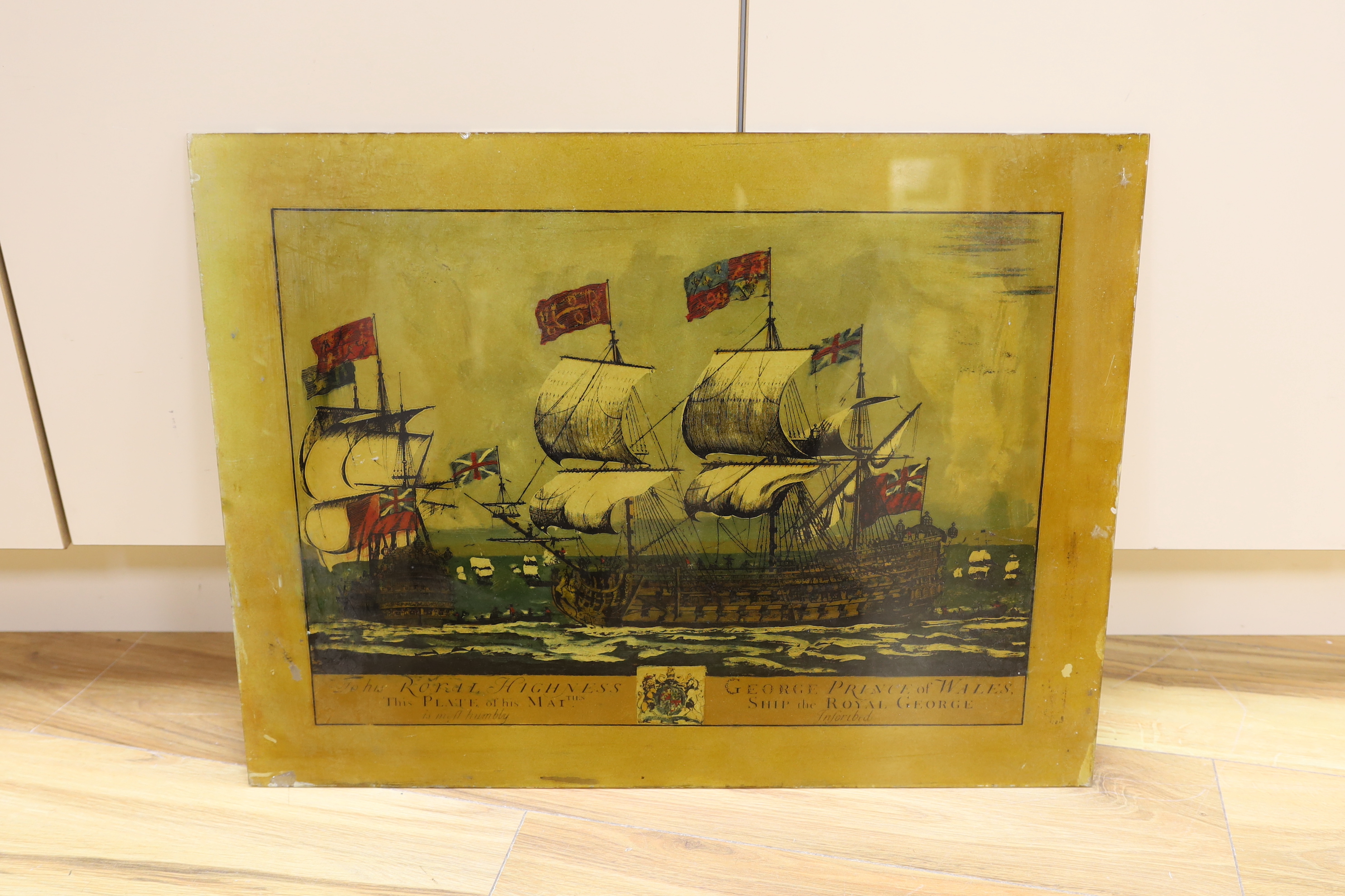 Three reverse painted glass panels, two of sailing ships and another map of the world- 62cm wide x 47cm high